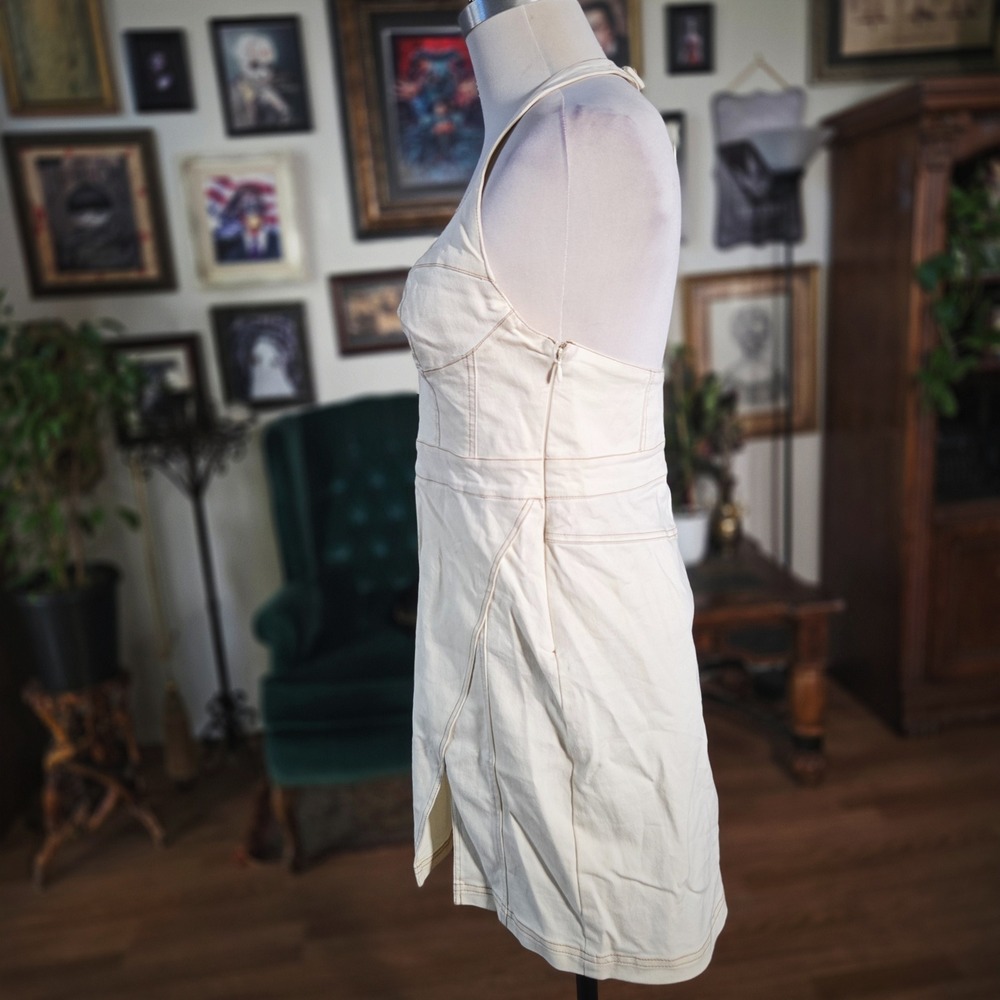Urban Outfitters Cream Denim Halter Mini Dress Cargo Pocket Bustier Size L - Picture 4 of 8